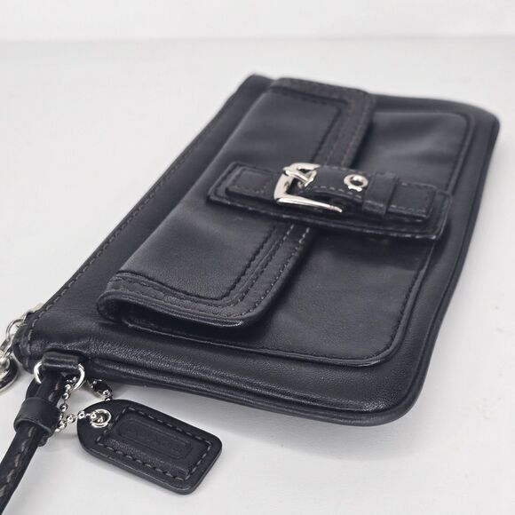 Coach Womens Single Strap Zip Top Pocket Front Wristlet Handbag Black Leather - Picture 4 of 8